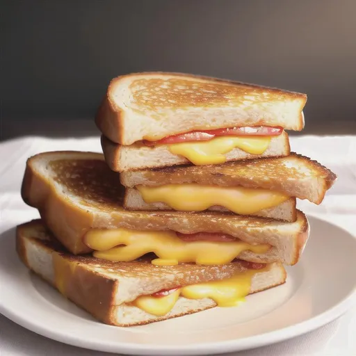 Prompt: Grilled cheese , Amazing quality and lighting , super cheesy , split in half , cheese strech , realistic , bread quality best , on a plate , white bread , only 1 ,