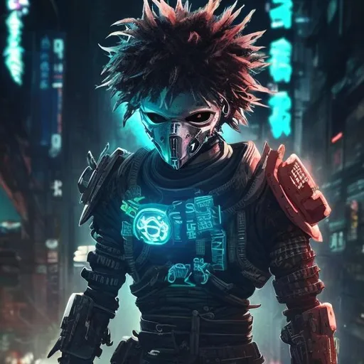 Prompt: Deku. Futuristic Shogun styled armour and mouth mask. cyber enhancements. Scars, tattoos and piercings. Dark and edgy with neon accents. Cyberpunk style. Raw. Gritty. Dirty. Anime