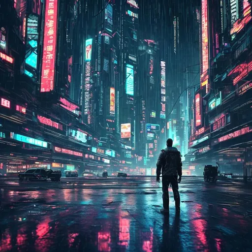 Prompt: Cyberpunk style. Man in the rain on the empty mega city