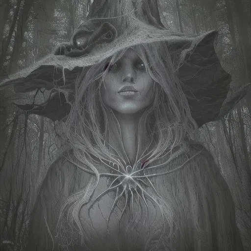 Prompt: witch with alien geometry head, dark forest, misty, realistic, heavily detailed, 4k