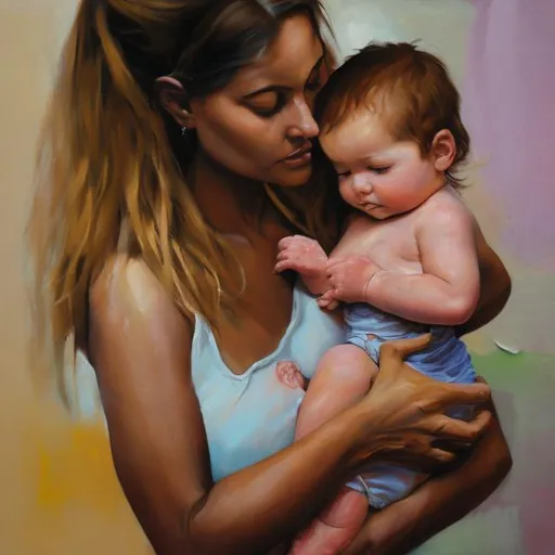 Prompt: woman and baby in oil paint
