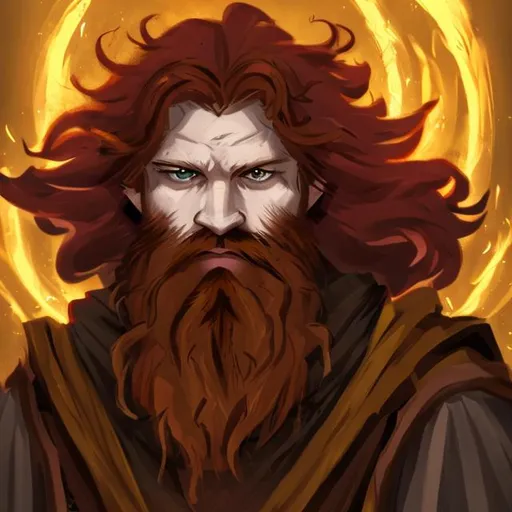 Prompt: Red haired, bearded sorcerer with yellow eyes. 