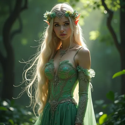 Prompt: Adult slim female elf royalty, graceful posture, ethereal elegance, adorned in intricate silver and emerald robes, wearing a delicate crown, long flowing hair adorned with flowers, serene expression, surrounded by enchanted forest backdrop, magical soft lighting highlighting her features, enchanting atmosphere, mystical aura, ultra-detailed, high quality.