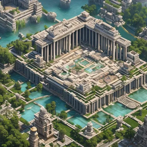Prompt: Elevated shot of a huge gigantic building with several fountains in front of it, highly detailed cgsociety, fallen columns, very detailed paradise, many people tiny in scale walking around, hestia, wearing white robes!, in stunning digital paint, ultrarealism oil painting, garden utopia, videogame render, artists rendition