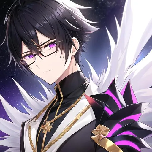 Prompt: Male (short spiky black hair with long white fringes) (Purple eyes) (gold framed eyeglasses with a gold color), UHD, 8K