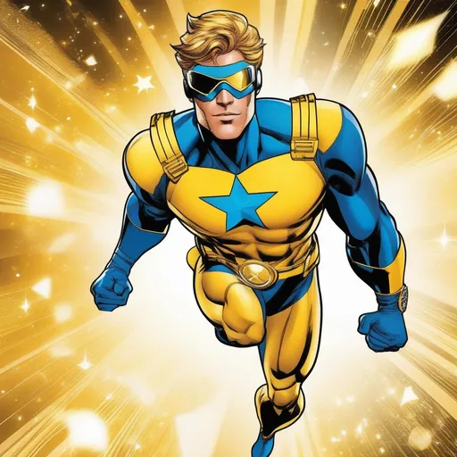 Prompt: Booster Gold from DC comics in a blue and yellow suit with a fist, shooting star, name of the character is chad, fantasy comics, combat yellow goggles, extremely luminous bright design, voidstar, official artwork, navigator glasses, anti - communist, character mashup, unmasked, jean, (bee), by Dan Jurgens