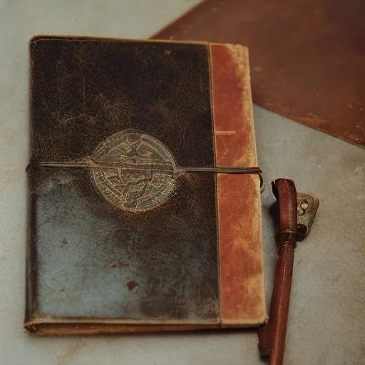 Prompt: An ancient manuscript bound in leather and a magical symbol on the front
