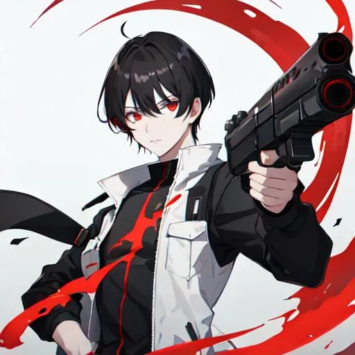 Prompt: 1male (pale) (medium black hair) (red eyes) he's holding a gun, nuclear fallout