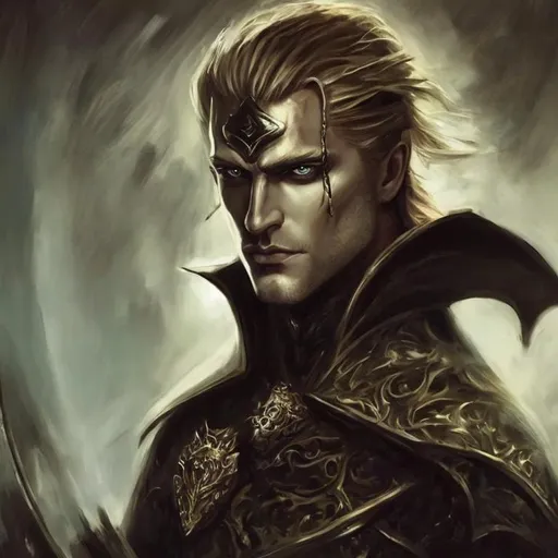Prompt: handsome villain king, long blond hair, eyes, smirking, epic painting