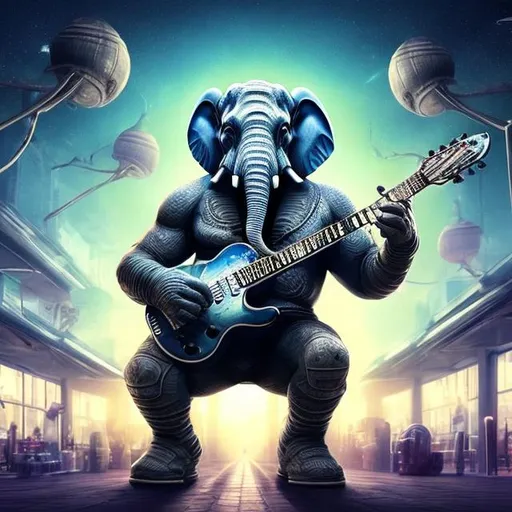 Prompt: Bodybuilding Elephant playing guitar for tips in a busy alien mall, widescreen, infinity vanishing point, galaxy background