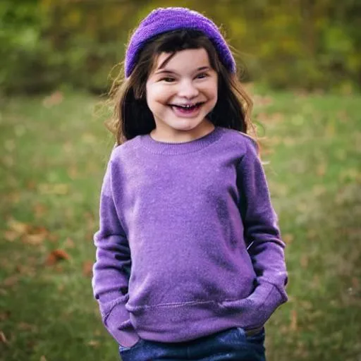 Prompt: Littel Girl with big smile and a purple jumper with grey pants