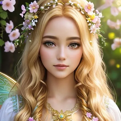 fairy goddess of Springtime with golden hair with fl... | OpenArt