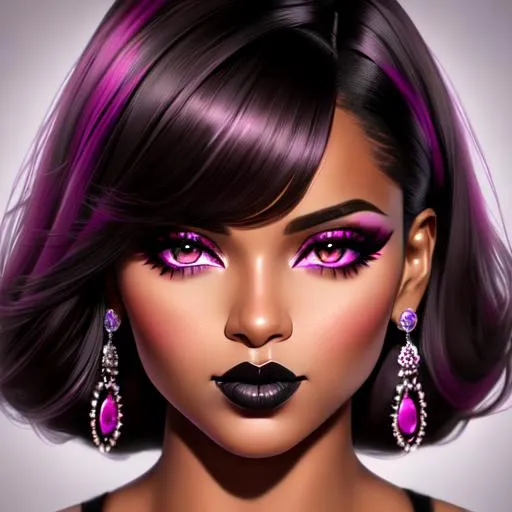 Prompt: Magenta colored eyes, portrait, long shot super detailed lifelike illustration, brown skin lady, black hair, cute face, black lipstick, black eyeshadow, dark aesthetic, realistic face, large realistic eyes, smooth soft skin, soft lighting, perfect ratio, symmetrical face, realistic hands, intricate artwork, highly detailed, perfect composition, sharp focus