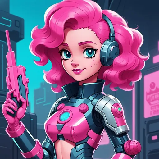 Prompt: cyberpunk equestria girls pinkie pie with pink skin wearing tech armor