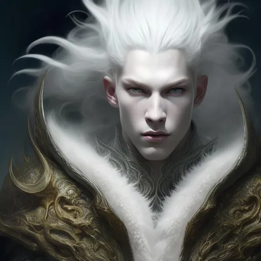 Prompt: white dragon King,young man, beautiful guy with long white platinum hair,  pale skin, black opalescent dragon armor, masculine, hyper realistic, high detail, high contrast, beautiful, volumetric lighting, fantasy, elegant, 16k, realism, art by greg rutkowski, art by tom bagshaw, beautiful painting by daniel f gerhartz