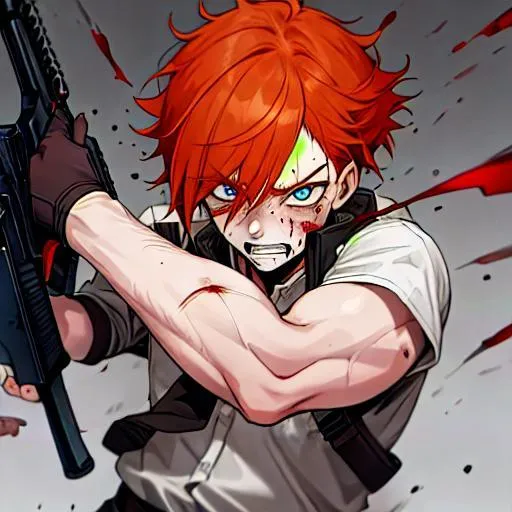 Prompt: Erikku male adult (short ginger hair, freckles, right eye blue left eye purple) UHD, 8K, Highly detailed, insane detail, best quality, high quality, covered in blood,  anime style, fighting with a shotgun