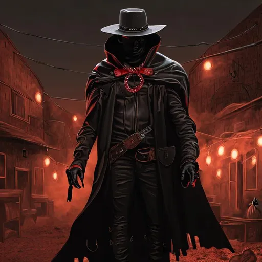 Prompt: Cyber Cowboy with 4 Arms, fiery red Poncho, Dressed in black duster and Stetson Cowboy Hat, with Red eyes, Haunting Presence, Intricately Detailed, Hyperdetailed, Desert Wild West Landscape, Dusty Midnight Lighting, Wild West Feel