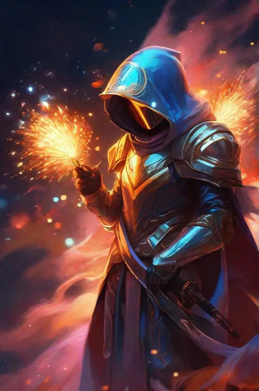 Prompt: futuristic, (motorcycle helmet), astral sorcerer, battle mage, astral hooded robe, fire magic, fireworks background 