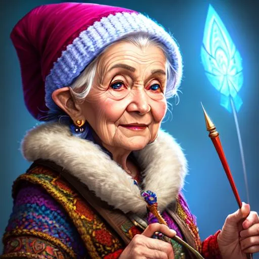 Prompt: Three-quarters portrait of gnome rogue old lady with knitting needles as daggers, fantasy, highly detailed, digital painting, art by Stanley Lau and Artgerm and magali villeneuve and Alphonse Mucha, artstation, octane render, cgsociety, HDR, UHD, 64k, best quality, RAW photograph, best quality, masterpiece:1.5)
