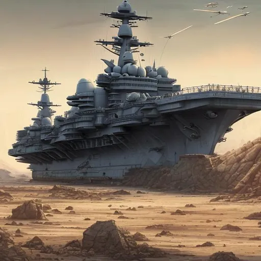 Prompt: aircraft carrier, long, huge, massive, land ship, battle tank, tank tracks, desert, scifi, futuristic