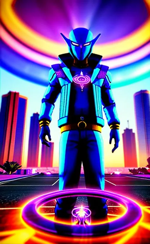 Prompt: A BLUE NON HUMAN ALIEN CYBROG FROM ANDROMEDA DJING  WITH A HUGE Ouroboros IN THE BACKGROUND IN A HORROR MOVIE  WITH THE COLOURS BLUE AND PURPLE ULTRA HIGH DEFINITION IN GTA VICE CITY STYLE

