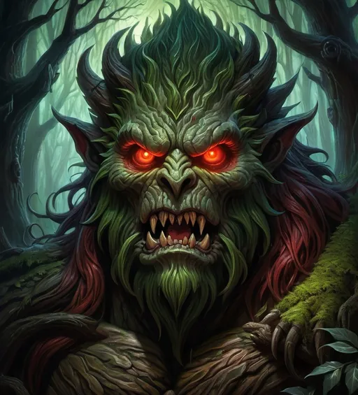 Prompt: Warhammer fantasy RPG style tree monster, highly detailed illustration, detailed face, fearsome expression, oil painting, dark and ominous atmosphere, intricate bark textures, haunting red and green hues, mystical forest setting, piercing glowing eyes, ancient and weathered appearance, best quality, highly detailed, oil painting, fantasy, dark atmosphere, intricate textures, mystical forest, glowing eyes, ancient appearance, haunting colors, professional, dramatic lighting