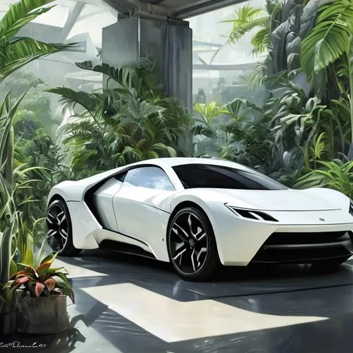 Prompt: White futuristic car  with lot of plants hiper-realistic oil paint         