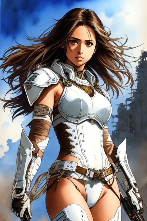 Prompt: (((Yoji Shinkawa))), sticker of ultra detailed portrait of Naomi Scott in white holy armor,  high quality cell shaded illustration in post apocalyptic style by Yoji Shinkawa, ((full body)), dynamic pose, perfect anatomy, centered, freedom, soul, brown long hair, approach to perfection, cell shading, 4k , cinematic dramatic atmosphere, watercolor painting, global illumination, detailed and intricate environment, artstation, concept art, fluid and sharp focus, volumetric lighting, cinematic lighting, Art by Yoji Shinkawa,