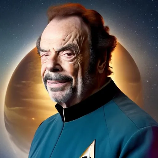 Prompt: A portrait of Rip Torn, wearing a Starfleet uniform, in the style of "Star Trek the Next Generation," with a Star Trek background.