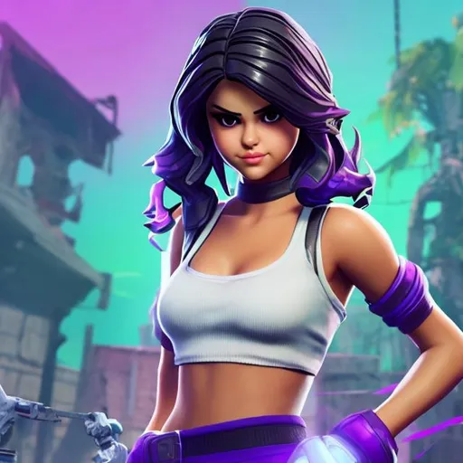 Prompt: If Selena Gomez is a playable character from the computer Fortnite, full body portrait