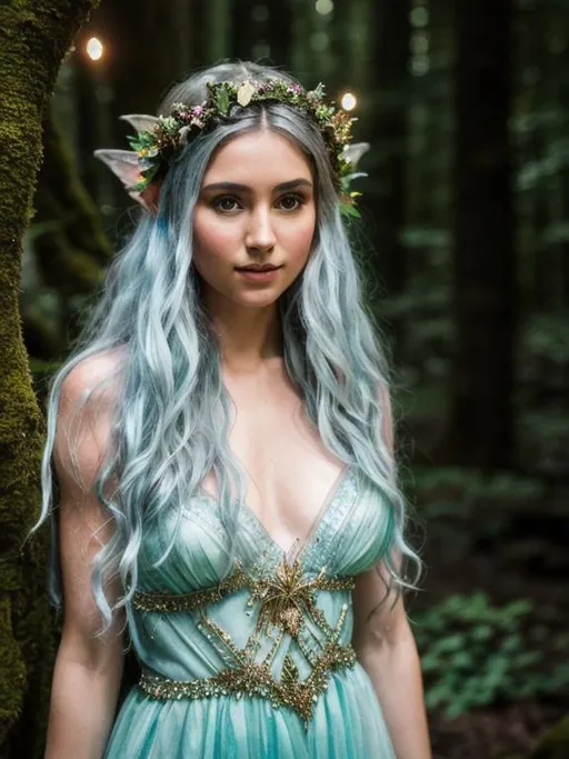 Prompt: A fairy elven woman is in an enchanted forest at night 