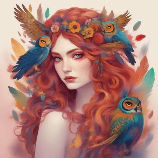 Prompt: Colourful and beautiful Persephone with owl feathers for hair in a painted style