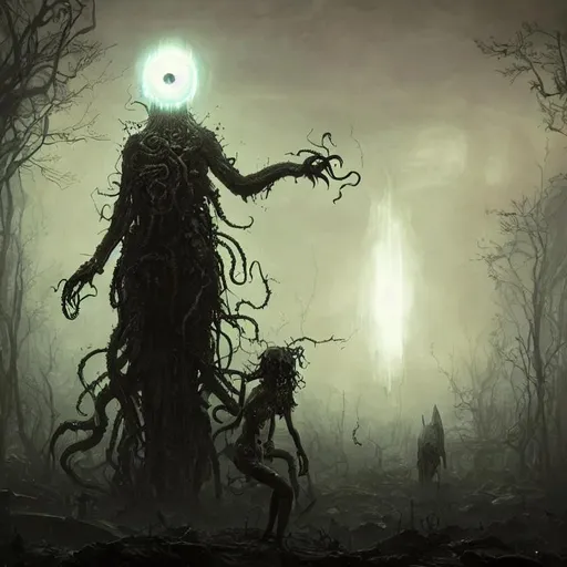 Prompt: dark fantasy, lovecraft horror, squid human hybrid, glowing eyes, giant, 4k, sharp focus, studio photo, intricate details, highly detailed, by greg rutkowski, overgrown post apocalyptic, 
