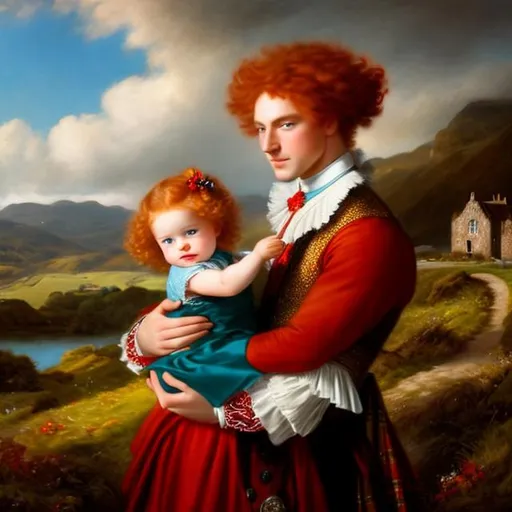 Prompt: Red-haired man with blue eyes,Holding little girl, red curly hair,clothes from 18th century, scotland landscape