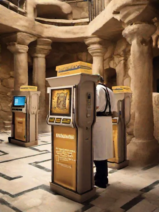 Prompt: photo of a Greek labyrinth, self-checkout kiosks between passages, the roaming minotaur is wearing a ticket collector uniform
