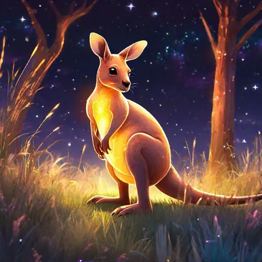 Prompt: An cute translucent kangaroo that is glowing, in the grasslands, sunset, beneath the stars, bioluminescent, highres, best quality, concept art