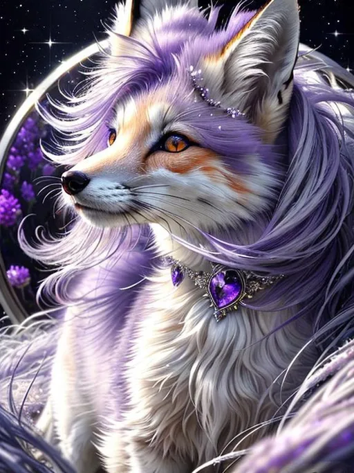Prompt: remove watermark, remove logo, delete logo, (Best quality, highly detailed, professional oil painting, epic digital art, masterpiece:1.5), highly detailed portrait of gorgeous beautiful wise silvery-lavender ((fox)), (quadruped), gleaming {amethyst eyes}, sharp 8k eyes, thick extravagant sparkling lavender fur covered in frost, extravagant bushy tails, voluminous frosted mane, (plump), {purple mountain peaks}, (brilliant auroras), glistening (moonlight), pink twilight sky, UHD, HDR, studio quality, vibrant, cold colors, neon colors, vivid colors, full body focus, relaxing in frosted meadow, intricately detailed fur, beautifully detailed expressive eyes, intricately detailed face, highly detailed background, highly detailed mouth, vibrant, vivid colors, 64K, 3D, unreal engine, perfect composition, Yuino Chiri
