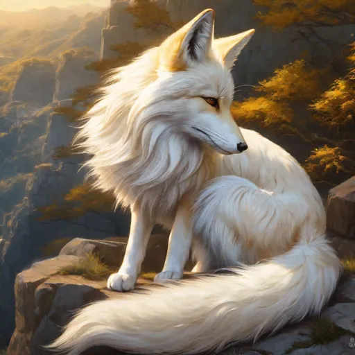 Prompt: hyperrealistic, best quality, professional oil painting, anime, masterpiece, nine-tailed female fox sitting on a cliffside, golden fur, head cautiously bent forward, thick silky white-gold mane, nine tails, kitsune, shy, timid, cautious, perfect composition, highly detailed, (sharp expressive detailed eyes:3), UHD, HDR, unreal engine, high octane render, 8k, intricate detail, 8k eyes, yuino Chiri, golden ratio, high octane, cinematic, intricately detailed mouth, highly detailed paws, breathtaking scenery, majestic sunrise