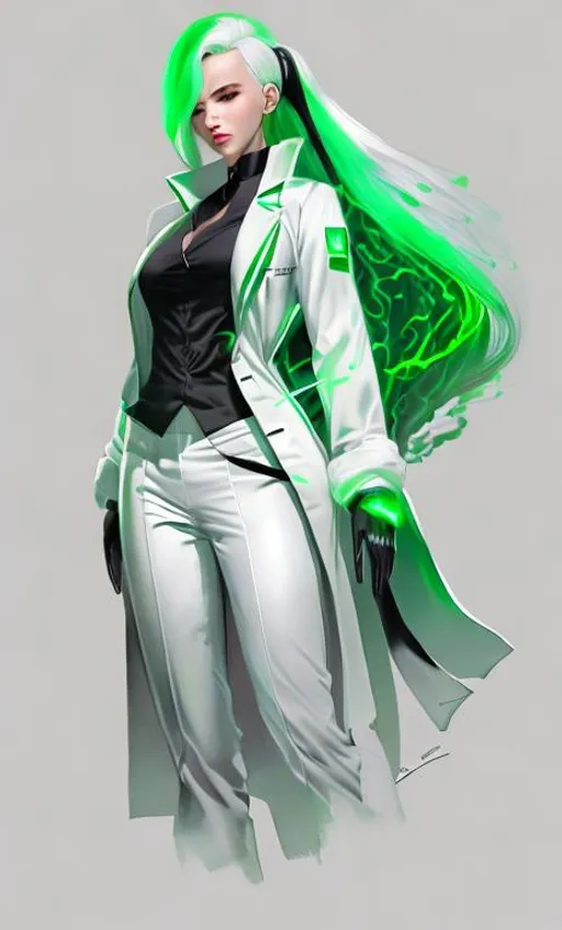 Prompt: black shirt, white labcoat, female, long grey and green glowing hair, wearing white gloves, concept art