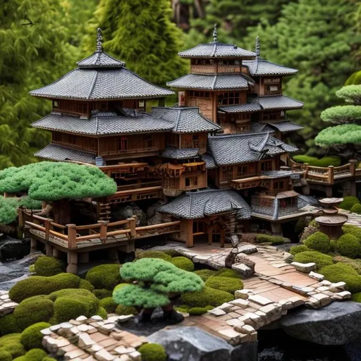 Prompt: large wooden castle surrounded by juniper bonsai trees, waterfall, rocks, walking path