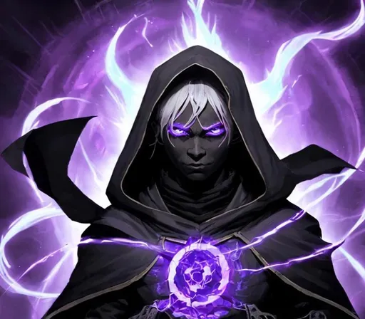 Prompt: A former drow slave turned shadow sorcerer. The young boy has obsidian black skin and marble white hair. He wears a tattered black cloak and a hood to cover his face. His power manifests as liquid purple and cyan flames that hover around him. The shadows around him shift and change showing anger despite his emotionless face.