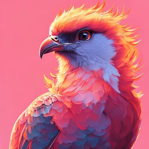 Prompt:  Cute pink fiery phoenix bird, winter forest colours, ember in eyes, sharp features, fireflies, big fiery feathers, sparkling eyes,  expressive eyes, highly detailed, digital painting, artstation, concept art, smooth, sharp focus, illustration, art by Yokoyama Taikan