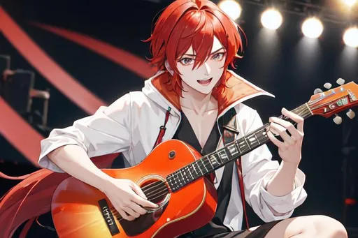 Prompt: Zerif 1male (Red side-swept hair covering his right eye) playing his guitar on stage at a concert, fire in the background, singing 8K, UHD, best quality, highly detailed, insane detail, anime style