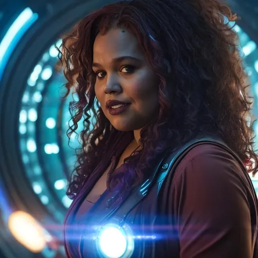 Prompt: 
witch plus-size girl with curly hair and circular shades in a Guardians of the Galaxy movie