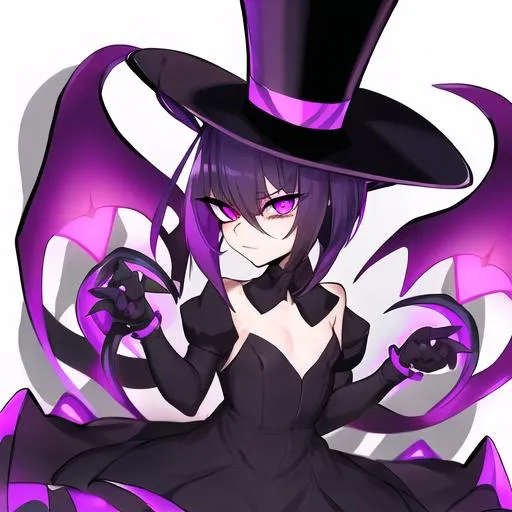 Prompt: Your OC is a small shadow hydra, with electric purple eyes. They identify as being genderless, and have a monotonous voice. As an accessory, they have a top hat, and they can be seen holding a microphone.