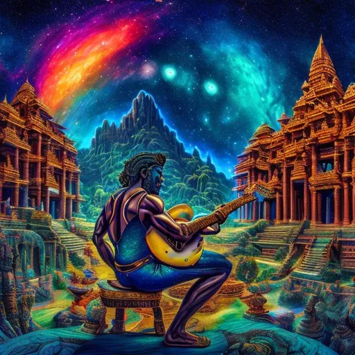 Prompt: wide view of a lazurite bodybuilding shiva playing guitars at an exotic temple, tropical jungle background, galaxy sky, infinity vanishing point