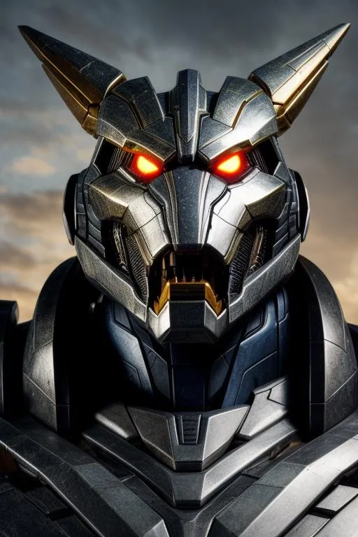 Prompt: A realistic face portrait of Dinobot from Beast Wars in a battle scene. The subject is shown with a mix of organic and mechanical elements merging together, with a detailed, textured environment in the background. The model is created using Quantum Wavetracing and is in the style of the Beast Wars TV series