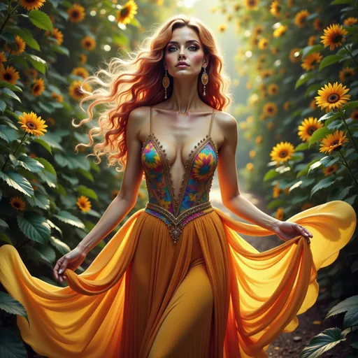 Prompt: sunflower woman, vibrant and radiant, flowing petals as hair, warm golden hues, lush green leaves wrapping around her, soft sunlight illuminating her figure, dreamy and whimsical atmosphere, nature-inspired elegance, flourishing garden backdrop, high quality, almost surreal beauty, inviting and uplifting vibe, intricate details, characterful expression as joyful and serene.