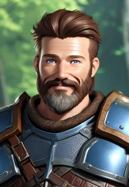 Prompt: Digital Art, 40-year-old viking man, brown hair, medium length wavy hair, subtle smile, a couple of wrinkles short trimmed beard, short trimmed mustache, brown eyes, blue gear, yellow armor, unreal engine 8k octane, 3d lighting, full body, full armor