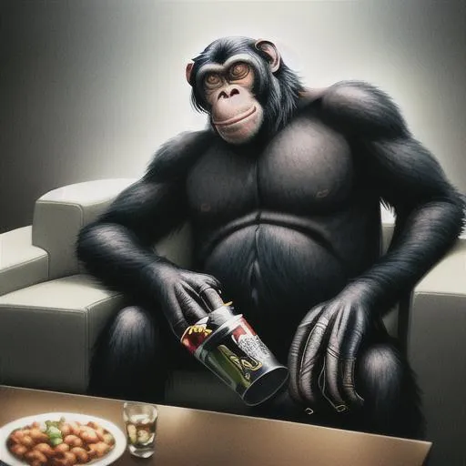 Prompt: Chimpanzee Sitting on a couch, watching Football on TV, Drinks and food on the table, dynamic lighting, hyperdetailed, intricately detailed, Photorealistic, Movie Quality, Funny, Film Quality, photorealism, Epic Quality, 8K resolution, intricate, #film